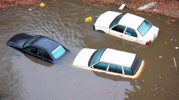 three cars are submerged in a flooded area photo
