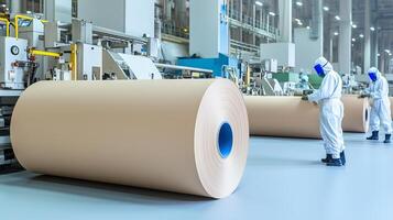 workers in white protective suits working on large rolls of paper photo
