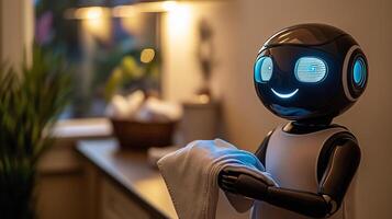 A humanoid home assistant robot folding laundry in a neat utility room photo