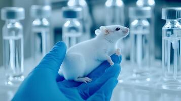 a white mouse is being held by a person in a lab photo