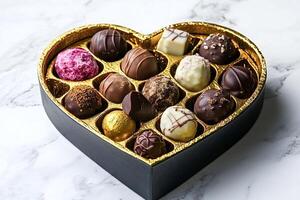 Heart shaped box overflowing with gourmet chocolates resting on marble surface photo