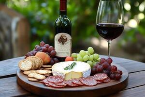 Wine, cheese, crackers, grapes and peaches composing a rich snack on a table photo