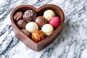 Heart-shaped wooden bowl overflowing with assorted gourmet chocolate truffles photo