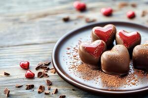 Heart-shaped chocolates covered with cocoa powder resting on a plate photo