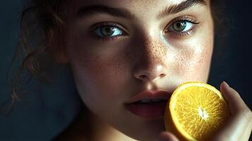 Beautiful model posing with orange slice, showcasing skincare and wellness photo