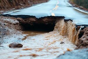 Damaged asphalt road with a large hole and overflowing water forming a waterfall photo