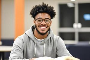 Happy university student smiling and reading a book in library photo