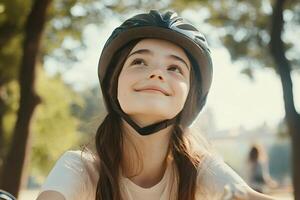 Smiling girl wearing bicycle helmet looking up in a park photo
