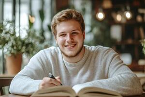 Happy student smiling and studying in cafe, taking notes photo
