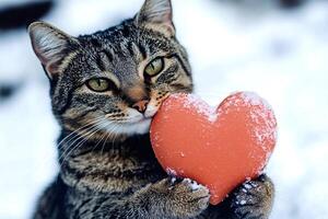 Cute tabby cat holding red heart with snow in winter photo