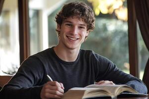 Smiling student taking notes while studying a textbook at home photo