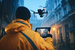 Drone operator controlling drone flight with tablet in urban environment photo