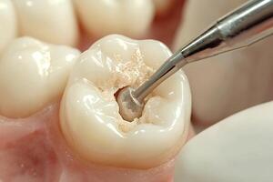Dentist using dental instruments restoring a decayed tooth photo