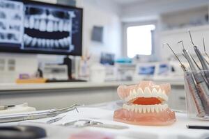 Dentures model and professional dental tool showing healthy teeth in dent office photo