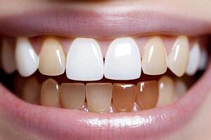 Teeth whitening showing improvement from yellow to white photo