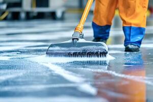 Janitor cleaning floor with soap and water in industrial building photo