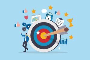 Goals setting, target achievement, focus on success outcome, planning to reach target bullseye, measurable result or clarity motivation concept, businessman with target bullseye and goal elements. vector
