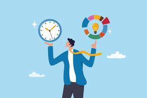 Time management, efficiency, productivity to finish work, delegation, finish tasks, prioritize responsibility, manage schedule, planning concept, businessman holding time clock with pie chart routine. vector