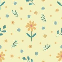 Seamless spring pattern with yellow chamomile, daisies and green twigs on a yellow background vector