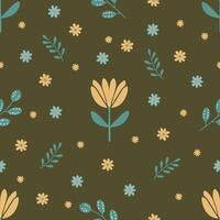Seamless spring pattern with yellow tulips, daisies and green twigs on a green background vector