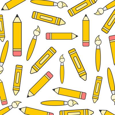 Seamless Pattern of Bright Pencils and Paintbrushes for Creative Design Themes