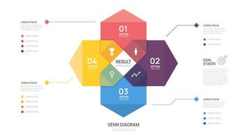 Venn diagram infographic chart template for business start up presentation 4 step with venn diagram elements illustration. vector