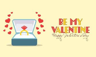 Be My Valentine Happy Valentines Day Banner with Open Ring Box and Hearts on Yellow Background. vector