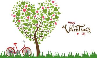Happy Valentine's Day Greeting Card with Hearts Tree and Bicycle on Grass Background. vector