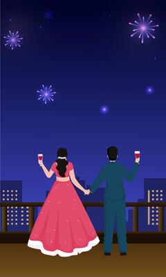 Back View of Couple Enjoying Drinks and Looking Fireworks in Sky at Roof for Celebration Concept.
