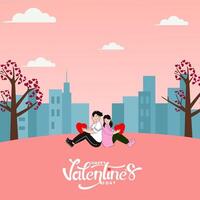 Happy Valentines Day Poster Design with Cartoon Couple Sitting in Front of Buildings and Heart Trees on Peach Background. vector