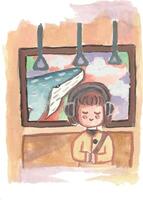 a girl is sitting in front of a painting of a whale watercolor vector
