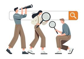 A minimalist flat illustration depicting three people actively searching for information. One person is using a telescope, another is holding a magnifying glass vector