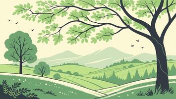 Spring landscape with trees, mountains, fields, leaves.illustration in flat style. vector