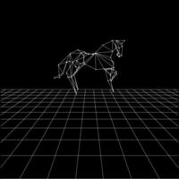 Horse polygonal lines on the Synthwave vaporwave, perspective grids, wireframe landscape background, laser grid in deep space. Editable vector