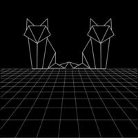 Fox polygonal lines on the Synthwave vaporwave, perspective grids, wireframe landscape background, laser grid in deep space. Editable vector