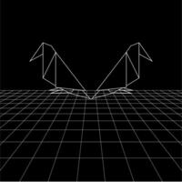 Bird polygonal lines on the Synthwave vaporwave, perspective grids, wireframe landscape background, laser grid in deep space. Flat and Editable vector