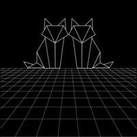 Fox polygonal lines on the Synthwave vaporwave, perspective grids, wireframe landscape background, laser grid in deep space. BW and Editable vector