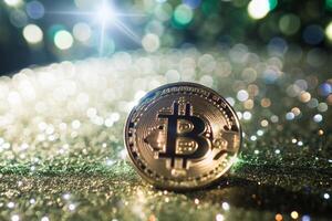 Bitcoin Cryptocurrency Coin Glimmering on a Sparkling Background of Lights and Colors photo