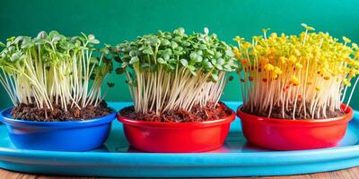 Vibrant Microgreens beautifully displayed in an array of Colorful Pots that inspire creativity photo