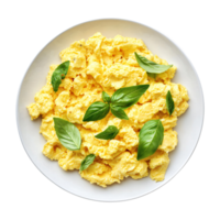 Plate of scrambled eggs garnished with fresh basil leaves isolated on transparent background png