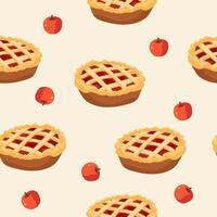 Apple pie pattern background. Sweet and tasty baked fruit pie from red apples seamless pattern vector