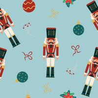 Seamless pattern with nutcracker and Christmas decorations. vector