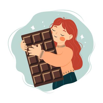Happy red-haired girl hugging huge dark chocolate whole bar. World Chocolate Day card.