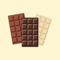 Dark, milk and white chocolate bar set. Unwrapped square pieces of different chocolate. vector