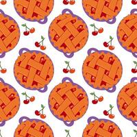 Cherry pie seamless pattern. Pattern for Hello Autumn, Thanksgiving Day. World Pie Day or bakery design . Baking, pastry illustration in flat style vector