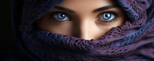 Portrait of a woman with her face covered by a veil. Elegant style photo