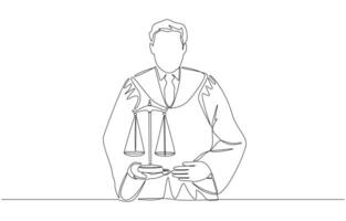 Continuous one line drawing of judge holding balance scale in his hand, law and justice concept, single line art vector