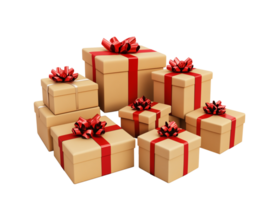 Pile of Gift boxes isolated on transparent background. Eco friendly craft holiday boxes with red bow. Suitable for Merry Christmas, New Year, Valentines Day and other greetings. png