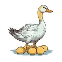 Duck standing on its eggs in a cozy nest vector