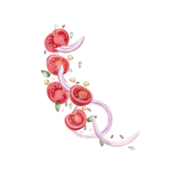 Composition with tomato slices, seeds, oil drops and red onion. Isolated watercolor illustration for restaurant menu design, gastronomic magazines, posters, festival flyers. png